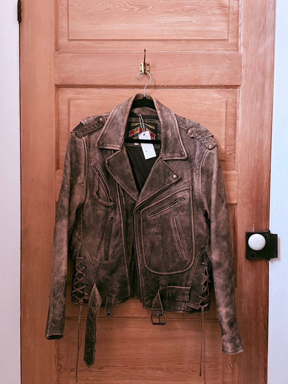 Vintage-Style Distressed Brown Leather Bomber Jacket